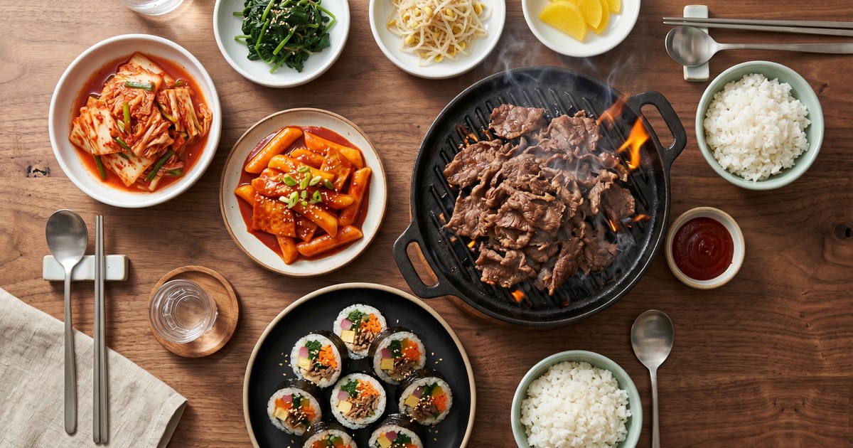 위에서 바라본 한국 저녁상의 풍경 — 김치, 밥, 반찬, 그리고 중앙의 한국식 바비큐 불판.