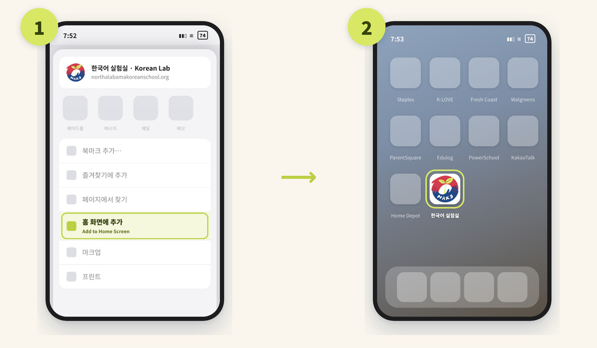 Two phone screens: on the left the Share menu with Add to Home Screen highlighted, on the right the Korean Lab icon sitting on the home screen.