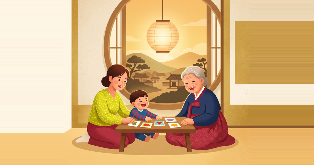 A mother, a child, and a grandmother sitting together with Korean picture cards on a low table.
