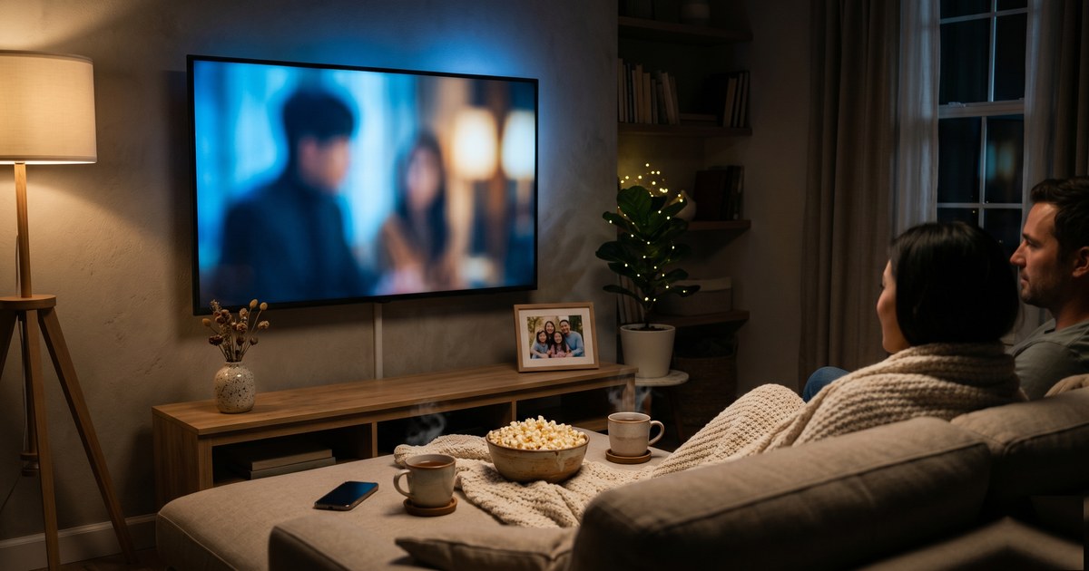 A cozy American living room at night, a screen glowing with a Korean drama, popcorn on the coffee table.